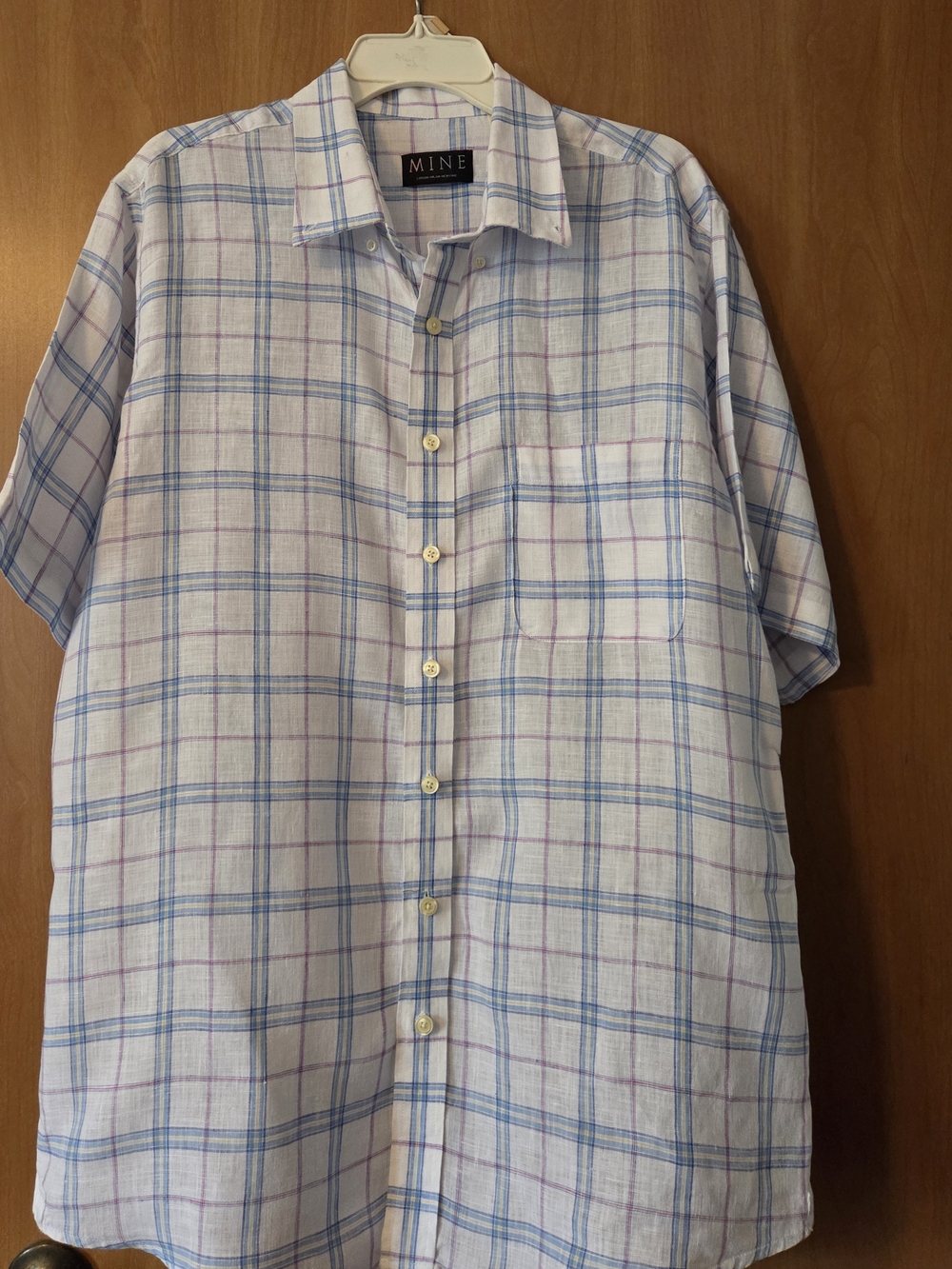 MINE White Plaid Short-Sleeve Shirt with Blue and Red Lines Size L 100% Linen